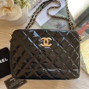 Chanel Zip Patent Leather Camera Bag Black